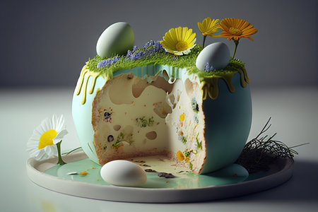 Easter cake kulich and egg on the table. Happy easter backdrop for spring holiday. fresh sweet food holiday snack dessert meal . Realistic illustration created by Generative AIの素材