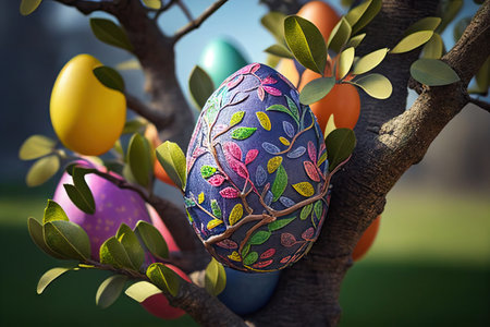 painted easter eggs on a tree on a sunny day. Realistic illustration. Created by Generative AIの素材