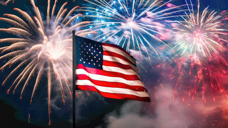 An explosive celebration of patriotism as fireworks light up the sky, accompanied by the iconic American flag. with copy space. illustration created by Generative AIの素材