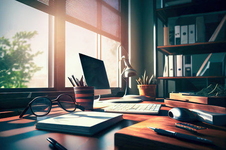 This is a photograph of a modern workplace in an office that is suitable for various professions. It shows the convenient location of equipment and lighting, as well as a neat order in the workplace. selective focus. Realistic illustration created by Generative AIの素材