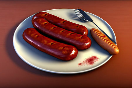 Light plate with delicious fried sausages, knife and fork on a brown background. Realistic illustration. Created by Generative AIの素材