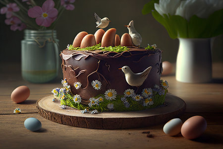 Easter cake kulich and egg on the table. Happy easter backdrop for spring holiday. fresh sweet food holiday snack dessert meal . Realistic illustration created by Generative AIの素材