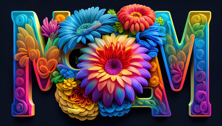Brighten up your mom's day with this beautiful image of the word "MOM" spelled out in a stunning array of colorful flowers. Perfect for Mother's Day or any occasion to show your appreciation for her. Realistic illustration created by Generative AIの素材