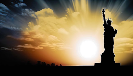 silhouette of the Statue of Liberty beautifully illuminated by the rays of the setting sun. This image embodies the unity, resilience and strength of the American people, reminding us of shared values and aspirations. with copy space. illustration created by Generative AIの素材