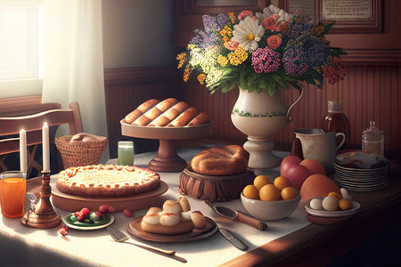 Easter brunch, breakfast food, Easter Dining, Various traditional Easter sweets. Realistic illustration created by Generative AIの素材