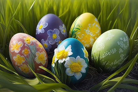 Painted decorative Easter eggs decorated with daffodils on the grass on a sunny day. Realistic illustration. Created by Generative AIの素材