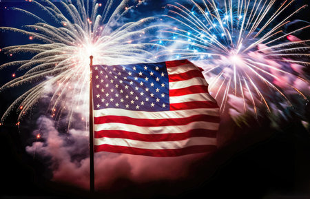 Celebrate with a dazzling showcase of the American flag set against a backdrop of colorful fireworks, creating a captivating spectacle. illustration created by Generative AIの素材