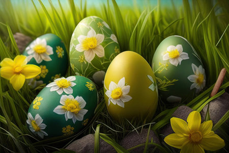 green and yellow Easter eggs decorated with daffodils on the grass on a sunny day. Realistic illustration. Created by Generative AIの素材