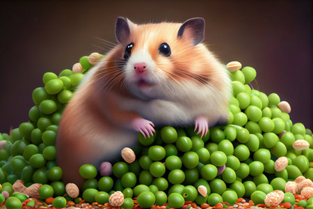 This happy hamster has found the perfect spot to relax and enjoy its favorite snack - a mountain of peas. Realistic illustration created by Generative AIの素材