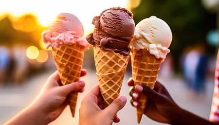 human hands are holding three delicious delicious appetizing colorful ice creams in waffle cones. These tempting frozen treats are perfect for a sunny summer day. illustration created by Generative AIの素材