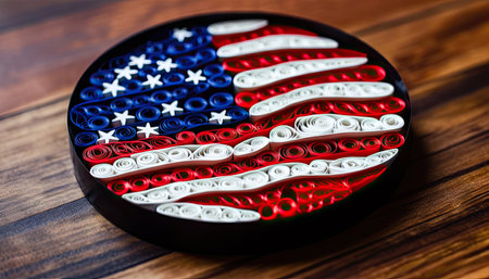 the image of the American flag, made in the technique of paper quilling. This unique handmade creation is perfect for expressing love for the United States and adding artistic flair to your projects. illustration created by Generative AIの素材