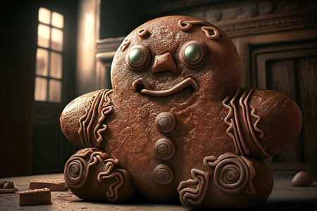 Fattened gingerbread man on a dark kitchen background. An alternative image of a classic holiday confection, treat. Realistic illustration. Created by Generative AIの素材
