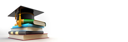 This image features a graduation cap resting on a pile of books, set against a clean white background. With ample space for custom text, it's perfect for use in promotional materials or congratulatory messages. copyspace. Realistic illustration created by Generative AIの素材