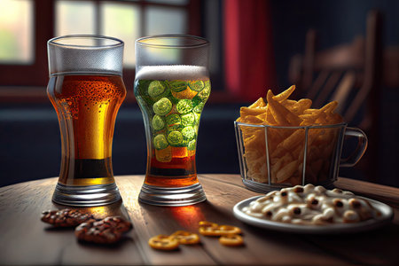 Two glasses of refreshing beer and a snack stand on a wooden table in a dimly lit cozy restaurant. Realistic illustration. Created by Generative AIの素材