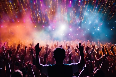 the exciting atmosphere of a musical concert, where enthusiastic people raise their hands and jump to the beat of pulsating rhythms. Colored beams of light add magic to this vibrant scene. Realistic illustration created by Generative AIの素材