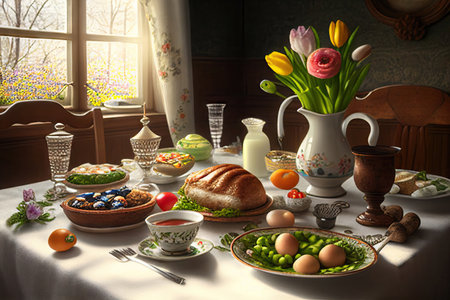 Easter brunch, breakfast food, Easter Dining, Various traditional Easter sweets. Realistic illustration created by Generative AIの素材