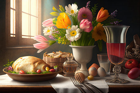Easter brunch, breakfast food, Easter Dining, Various traditional Easter sweets. Realistic illustration created by Generative AIの素材