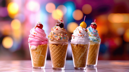 Beautifully decorated with berries, delicious ice cream in waffle cones, which is held in hands or served in glass cups, is a feast for the eyes and a treat for the taste buds. Let the bright flavors and creamy texture not leave you indifferent. illustration created by Generative AIの素材
