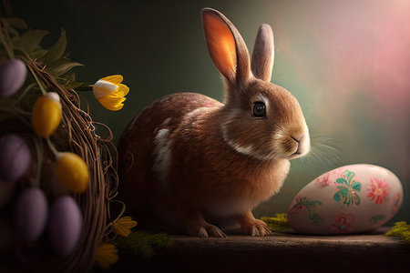 Easter bunny with eggs and decoration. Cute rabbit on a spring meadow. Realistic illustration created by Generative AIの素材