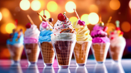 Experience the ultimate summer joy with these mouthwatering and visually appealing ice creams. Enjoy the delightful combination of flavors as you hold the waffle cones in your hands or savor them in elegant glass cups. illustration created by Generative AIの素材