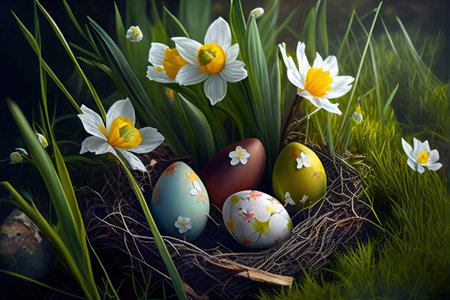 Easter eggs and daffodils in a nest. Realistic illustration. Created by Generative AIの素材