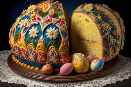Traditional Ukrainian Easter cake painted with marshmallow icing. On a plate with colored eggs. Realistic illustration. Created by Generative AIの素材