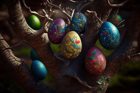 Stylish background with colorful easter eggs hanging on blooming plum tree branches outdoor in park or garden. Realistic illustration. Created by Generative AIの素材