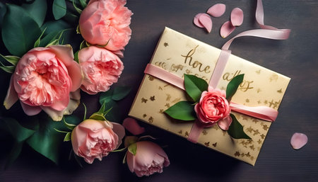 A stunning display of beautiful and delicate flowers alongside a gift box on a table. The perfect image for any occasion. Realistic illustration created by Generative AIの素材