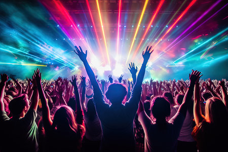 Back view of people put hands up jumping in EDM concert festival take photo to Happiness scene with laser and bokeh setup light with cinematic lighting. Realistic illustration created by Generative AIの素材