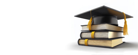This image captures the joy of graduation day, with a graduation cap perched on a stack of books set against a crisp white background. Perfect for congratulatory messages or graduation-themed marketing campaigns. Realistic illustration created by Generative AIの素材