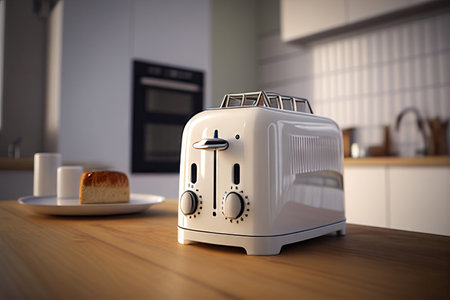 Toaster with dishes and sandwiches on a light kitchen table. Realistic illustration created by Generative AIの素材