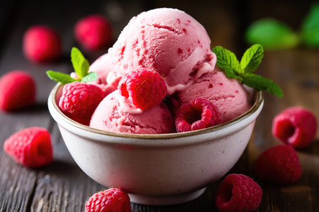 cool and appetizing pink ice cream garnished with juicy raspberries and mint leaves. This delicious dessert is served in an ice cream bowl, beautifully arranged on a wooden table, creating a delightful summer atmosphere. illustration created by Generative AIの素材
