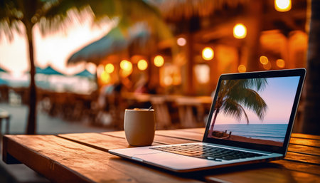 a laptop and a cup of coffee on a wooden table in a summer bar against the backdrop of a propy evening landscape. freelancing concept, work with view, home office, remote work, distant work. illustration created by Generative AIの素材