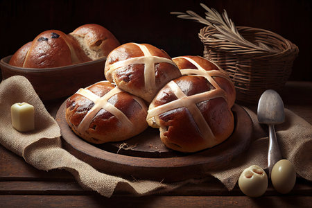 Traditional Easter hot cross buns sit on a breadboard, rough textile on a wooden rustic background, ready to eat. Easter baking. Realistic illustration. Created by Generative AIの素材