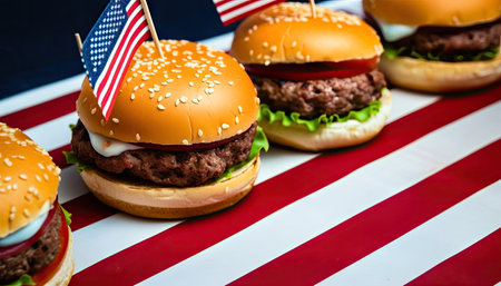 Indulge in flavorful burgers showcasing the perfect blend of savory perfection and patriotism with mini American flags. illustration created by Generative AIの素材