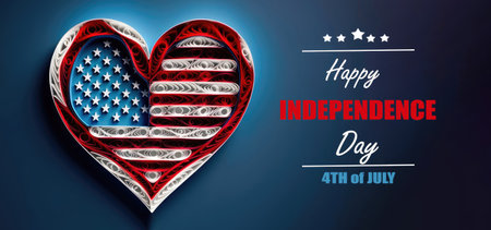 greeting card with a heart in the style of paper quilling painted in the colors of the American flag on a blue background. 4th July happy independence day. illustration created by Generative AIの素材