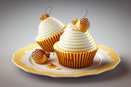 Cupcakes with cream and toffee. On a plate on a light background. Realistic illustration created by Generative AIの素材
