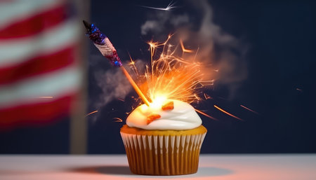 cake with festive lights on the background of the American flag. Designed for use in design projects related to festive events in the United States of America. selective focus. illustration created by Generative AIの素材