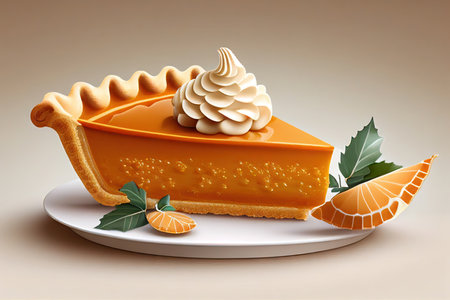 Sweet Homemade Thanksgiving Pumpkin Pie Ready to Eat with cream on a white plate on a light background. Created using Generative AIの素材