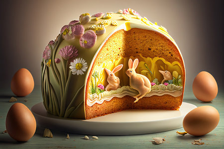 Easter cake kulich and egg on the table. Happy easter backdrop for spring holiday. fresh sweet food holiday snack dessert meal . Realistic illustration created by Generative AIの素材