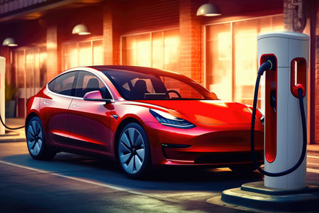 A futuristic electric car is getting charged at a cutting-edge electric vehicle charging station, highlighting the advancement in sustainable transportation. illustration created by Generative AIの素材