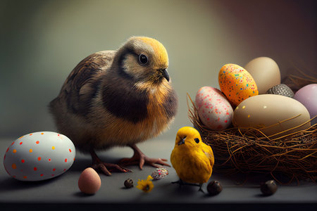 Colorful Easter Eggs with small sweet baby chick created with generative ai technologyの素材