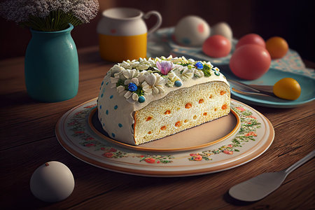 Easter cake kulich and egg on the table. Happy easter backdrop for spring holiday. fresh sweet food holiday snack dessert meal. Realistic illustration created by Generative AIの素材