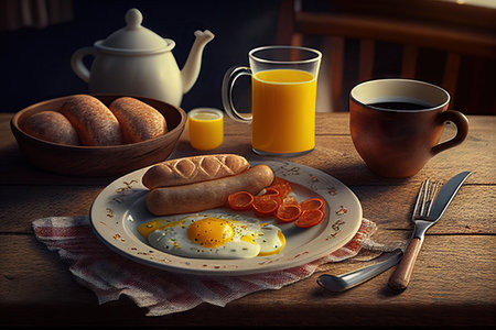 Classic European breakfast with Fried eggs and sausage. Orange juice on the table. Realistic illustration created by Generative AIの素材
