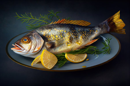 Fried dorado fish or sea bream fish on a plate with lemon and rosemary, horizontal view from above. Created using Generative AIの素材