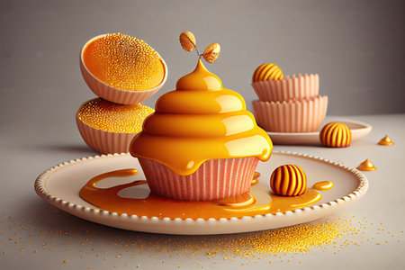 Homemade cupcakes with whipped cream and caramel icing. On a plate on a light background. Realistic illustration created by Generative AIの素材