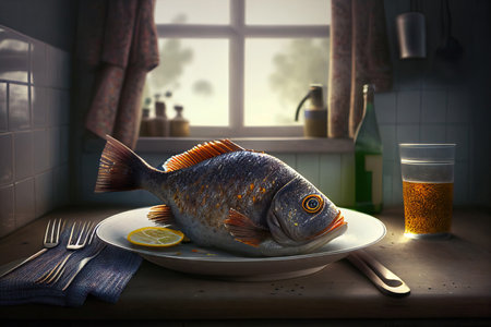 Fried seabass. Fried fish on a plate. background kitchen interior. Realistic illustration created by Generative AIの素材