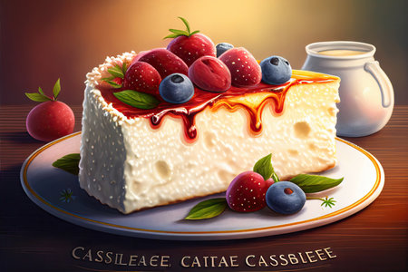 Sweet cheesecake with berries, caramel and mint. Portion of cake on a plate. Realistic illustration created by Generative AIの素材