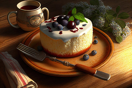 Classic cottage cheese cake on a wooden background with blueberries. Realistic illustration created by Generative AIの素材