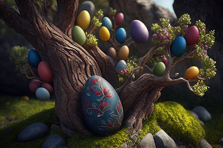 Decorated branch with easter eggs. krashenki on the tree. Realistic illustration. Created by Generative AIの素材